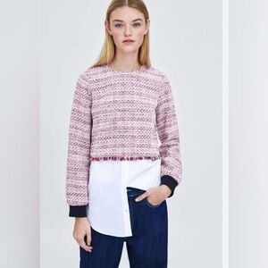 Zara Trafaluc Multicolor Tweed Layered-Look Sweatshirt with White Shirt Hem